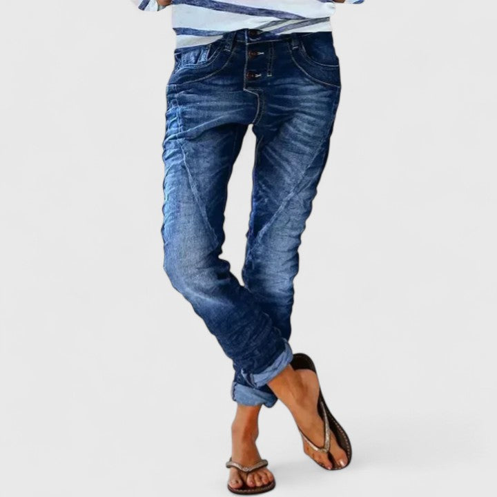 Saskia Distressed Slim Jeans with Five-Pocket Cut - Dark Blue