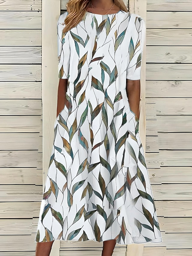 Selia Floral Midi Dress with Elbow Sleeves and Waist Seam - Green