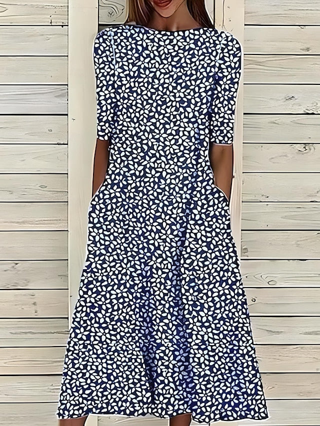 Selia Floral Midi Dress with Elbow Sleeves and Waist Seam - Dark Blue