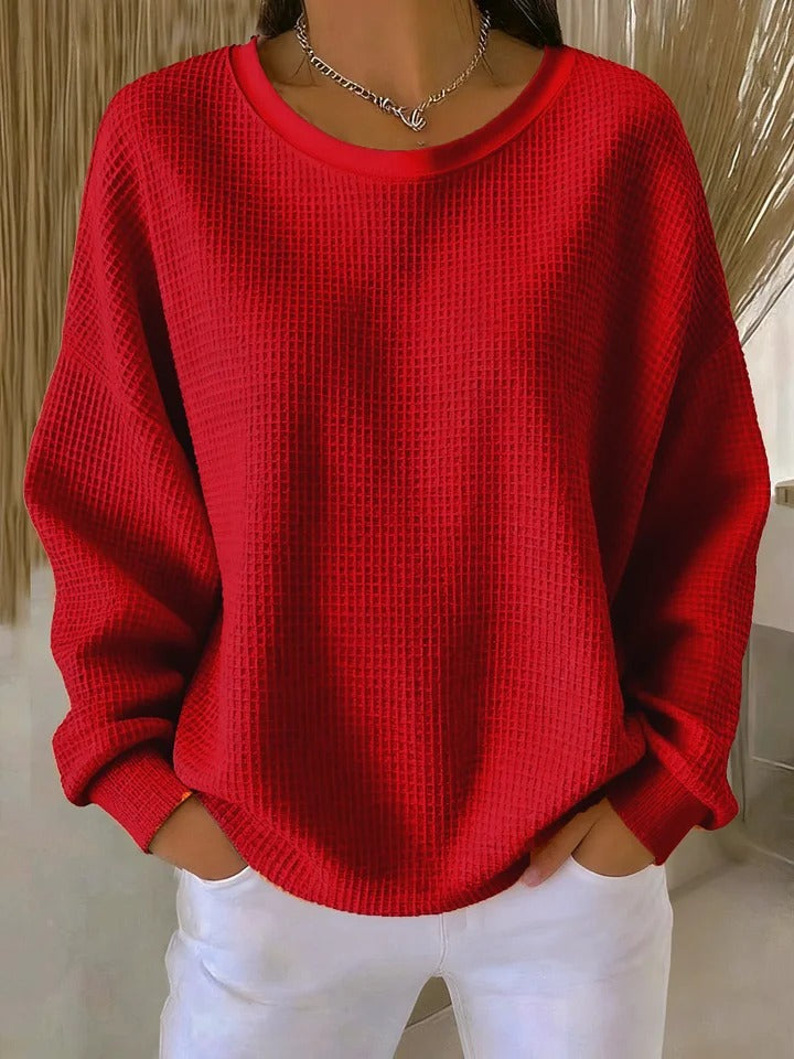 Sevira Waffle Knit Sweater with Relaxed Body and Ribbed Hem - Red