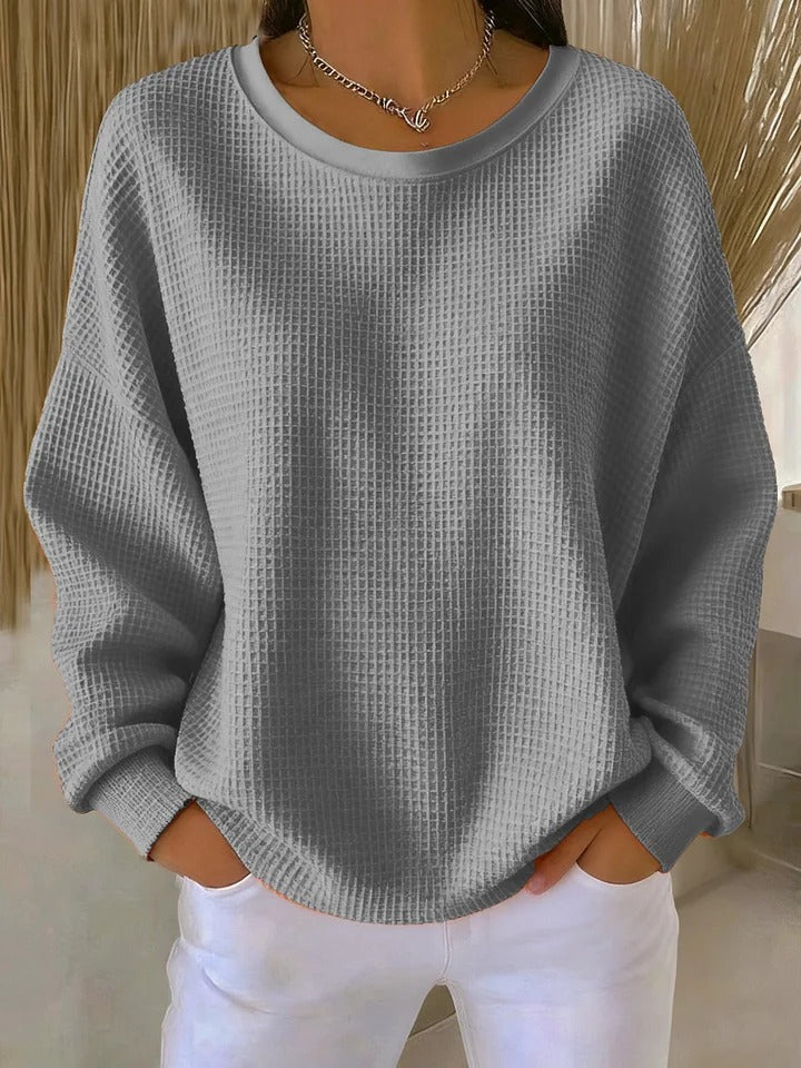 Sevira Waffle Knit Sweater with Relaxed Body and Ribbed Hem - Gray