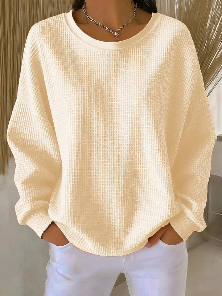 Sevira Waffle Knit Sweater with Relaxed Body and Ribbed Hem - Apricot