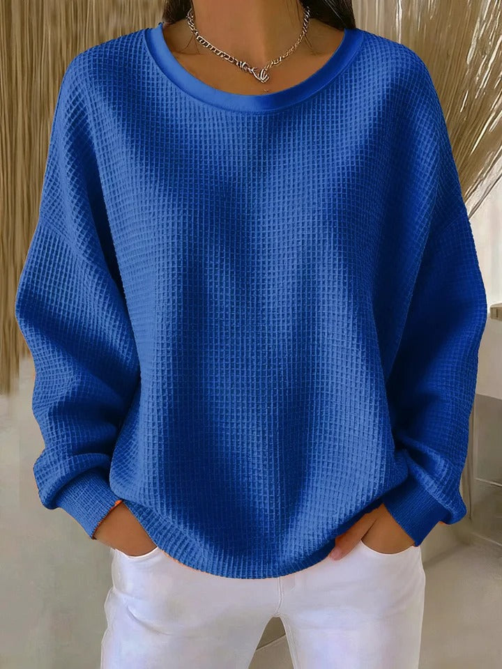 Sevira Waffle Knit Sweater with Relaxed Body and Ribbed Hem - Blue