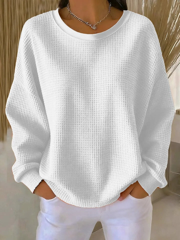 Sevira Waffle Knit Sweater with Relaxed Body and Ribbed Hem - White