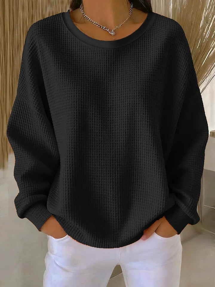 Sevira Waffle Knit Sweater with Relaxed Body and Ribbed Hem - Black