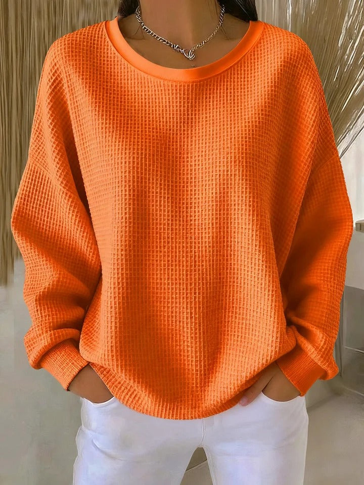 Sevira Waffle Knit Sweater with Relaxed Body and Ribbed Hem - Orange