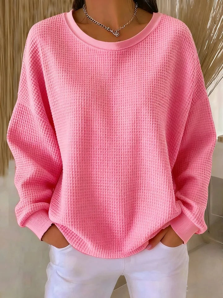 Sevira Waffle Knit Sweater with Relaxed Body and Ribbed Hem - Pink