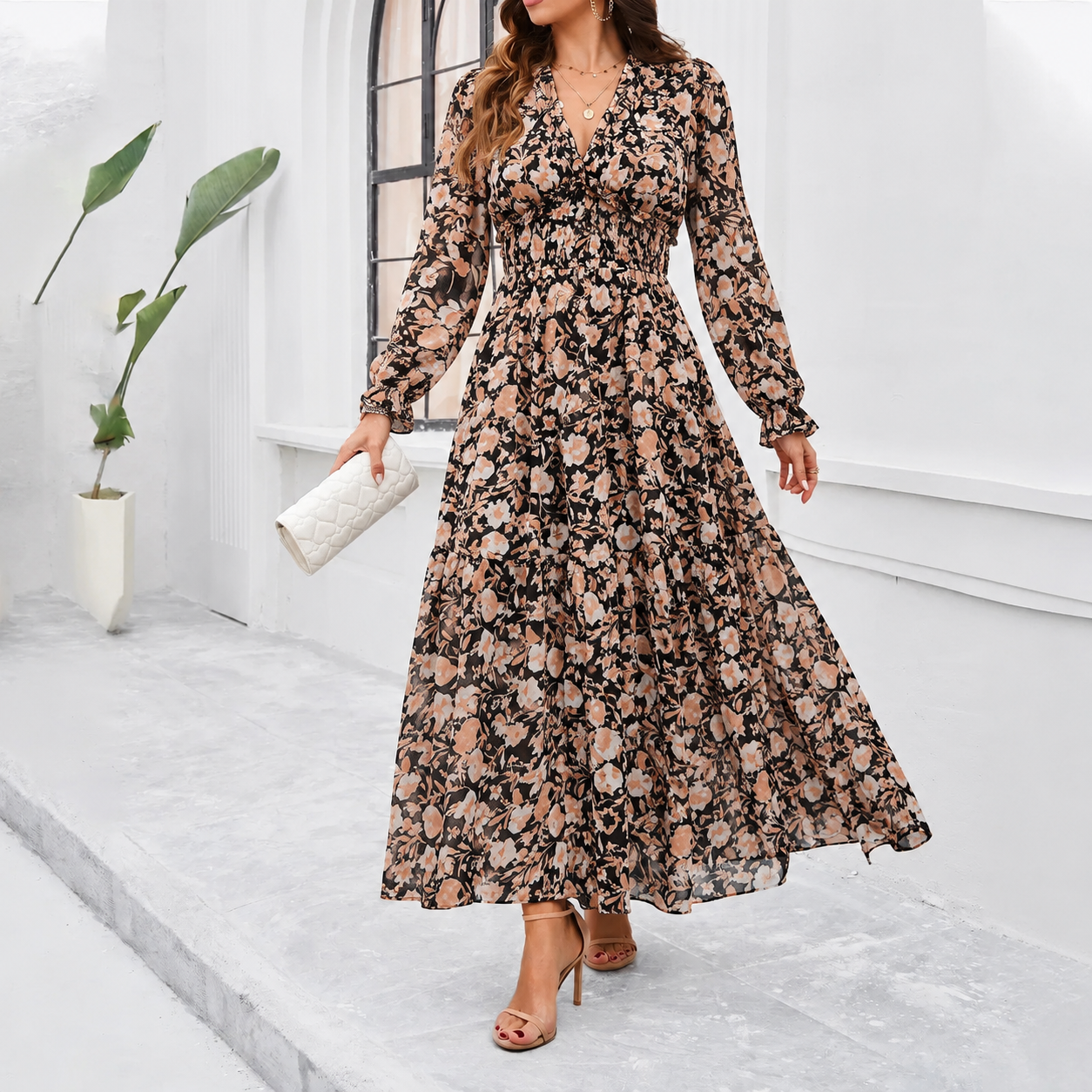 Shiela Floral Maxi Dress with Long Sleeves and Waist Seam - Black