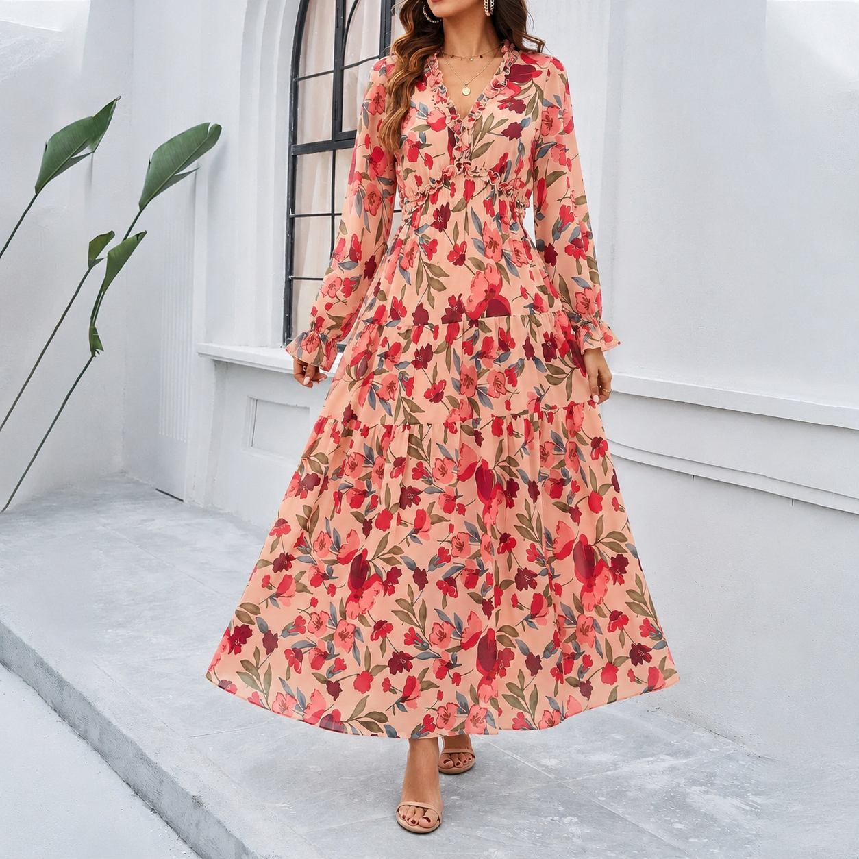 Shiela Floral Maxi Dress with Long Sleeves and Waist Seam - Pink