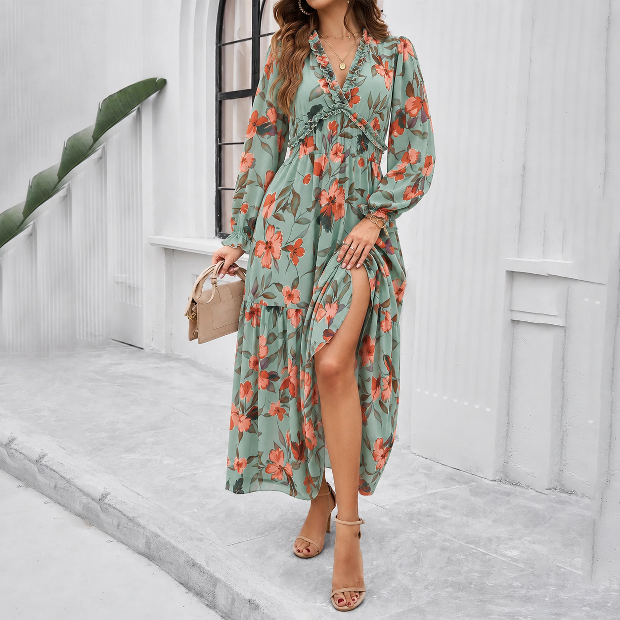 Shiela Floral Maxi Dress with Long Sleeves and Waist Seam - Green