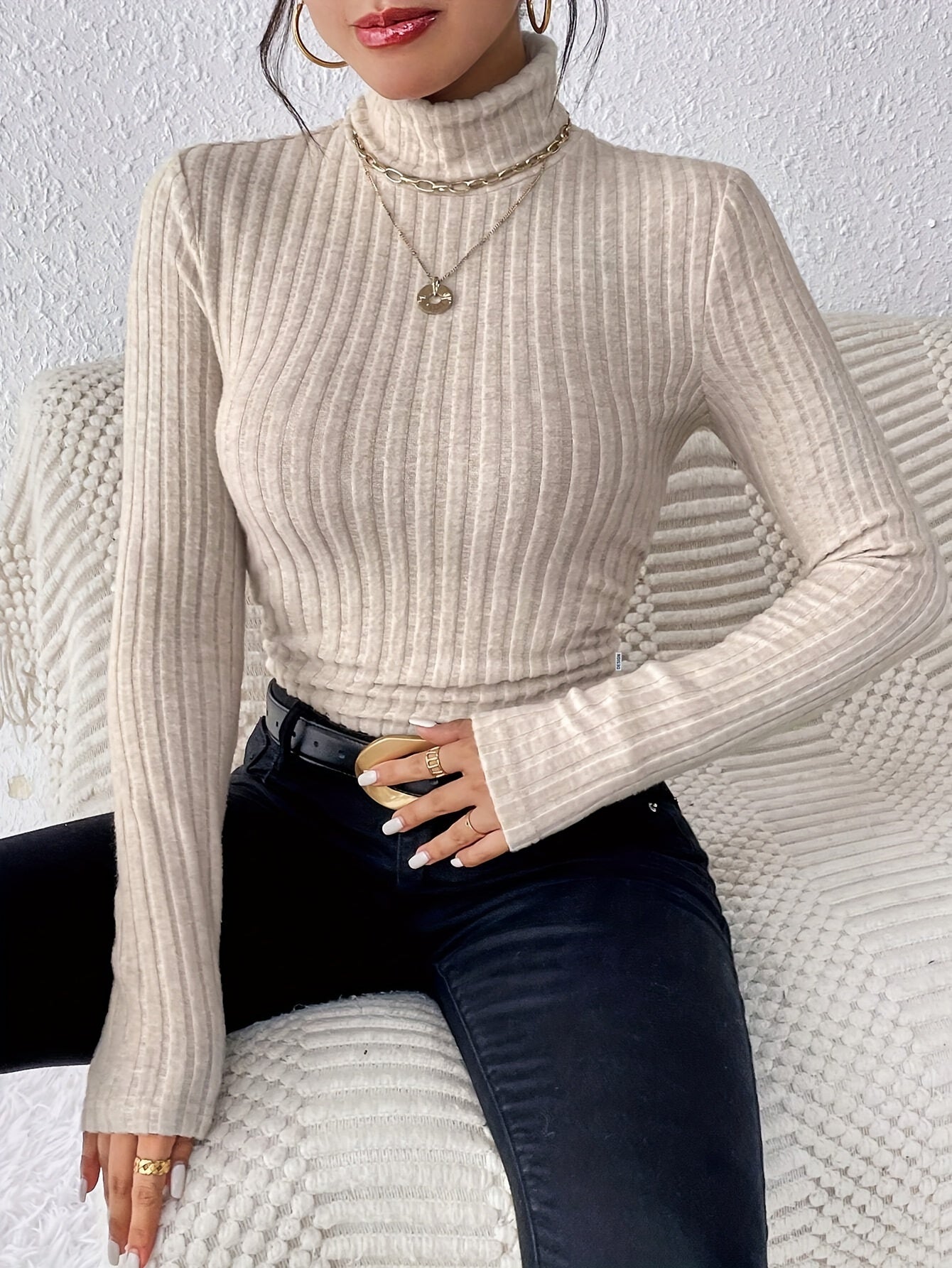 Sieglinde Ribbed Turtleneck with Slim Body and Fold-Over Collar - Beige