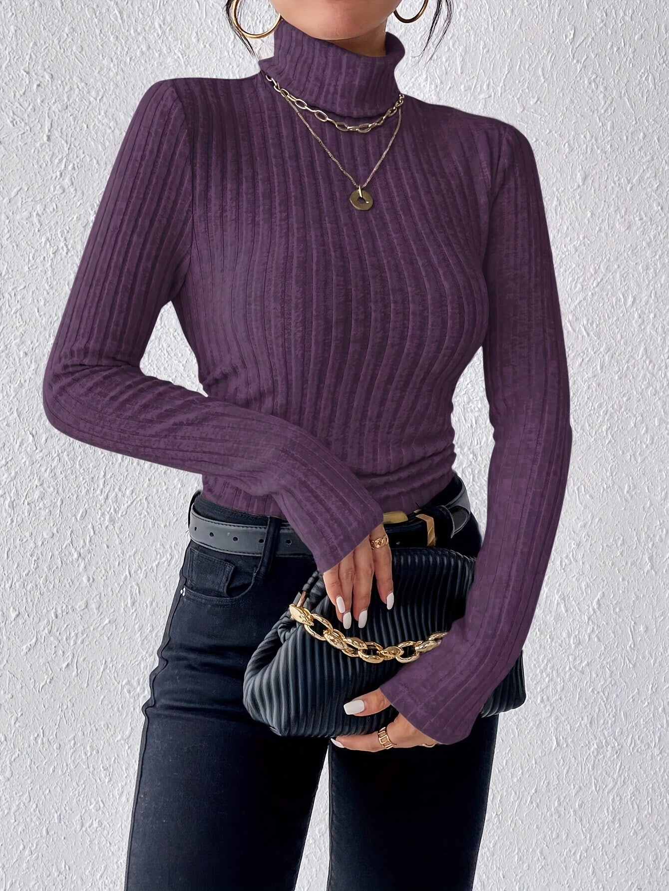 Sieglinde Ribbed Turtleneck with Slim Body and Fold-Over Collar - Purple