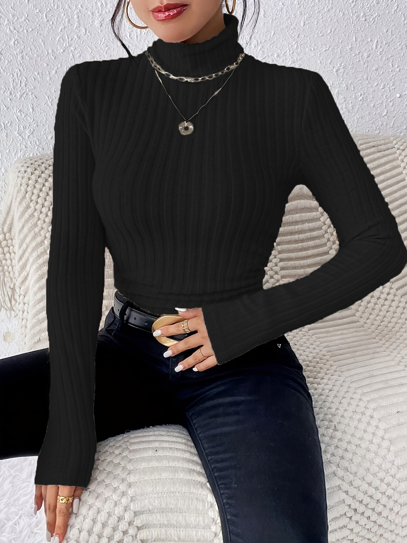 Sieglinde Ribbed Turtleneck with Slim Body and Fold-Over Collar - Black