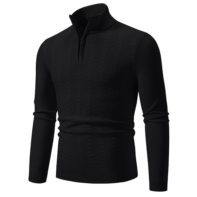 Soenke Men's Cable Knit Sweater with Zip Collar - Black