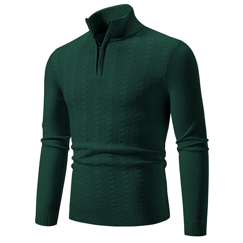 Soenke Men's Cable Knit Sweater with Zip Collar - Dark Green