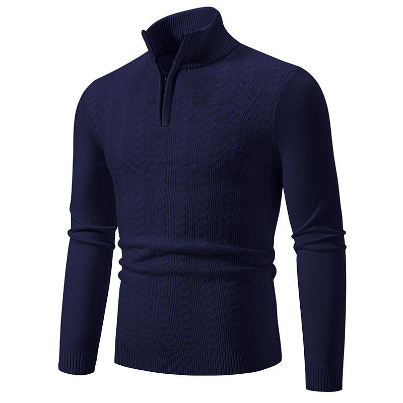 Soenke Men's Cable Knit Sweater with Zip Collar - Navy