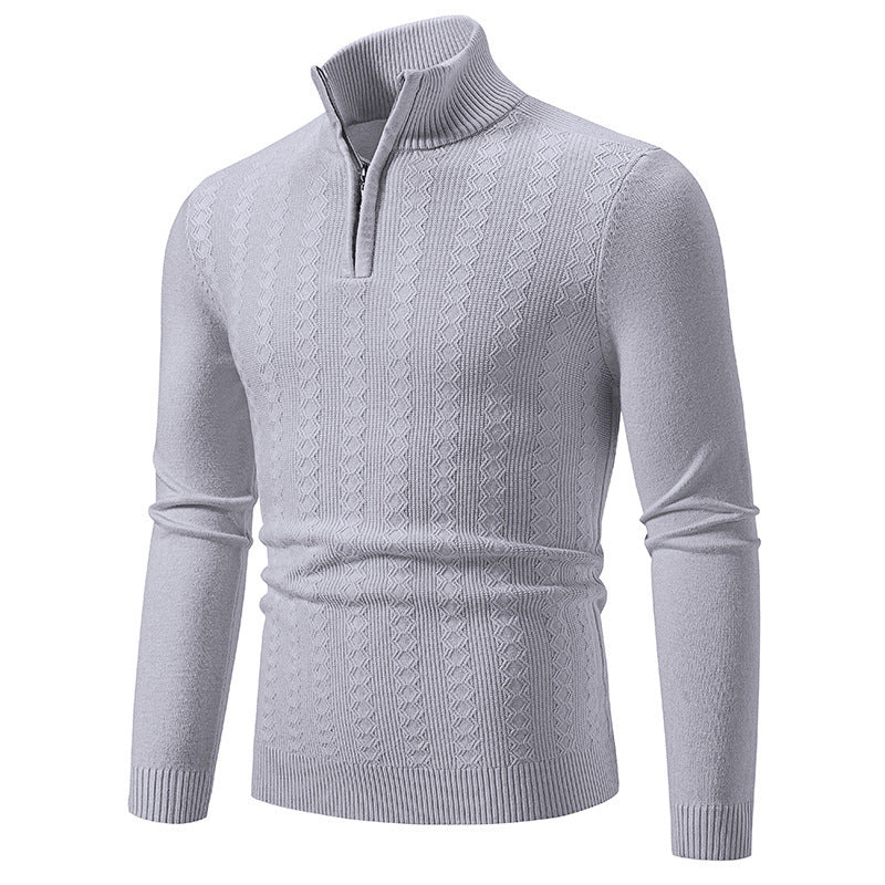 Soenke Men's Cable Knit Sweater with Zip Collar - Light Gray
