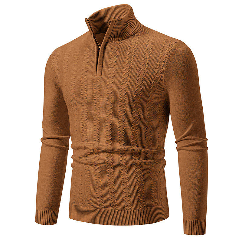Soenke Men's Cable Knit Sweater with Zip Collar - Caramel
