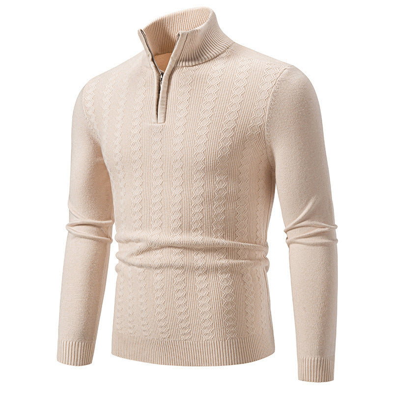Soenke Men's Cable Knit Sweater with Zip Collar - Cream White