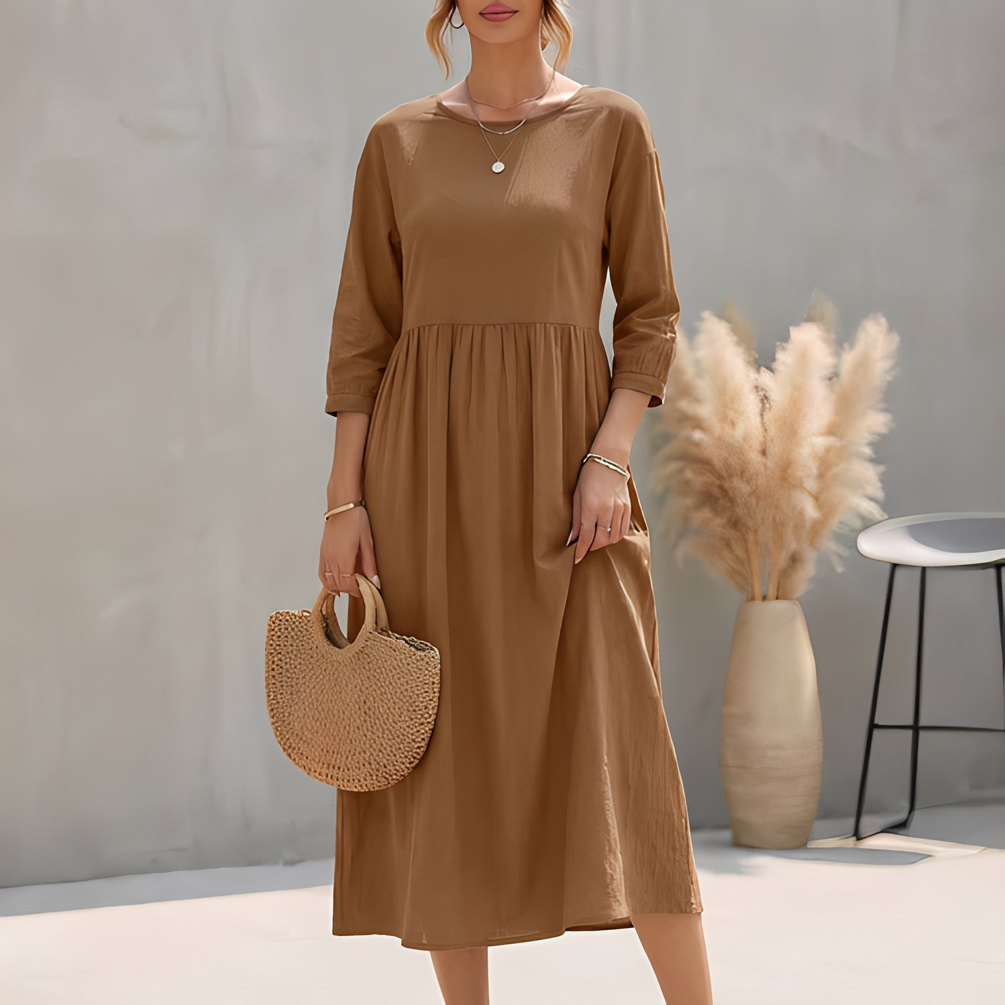 Somina Panelled Midi Dress with Long Sleeves and High Neck - Brown