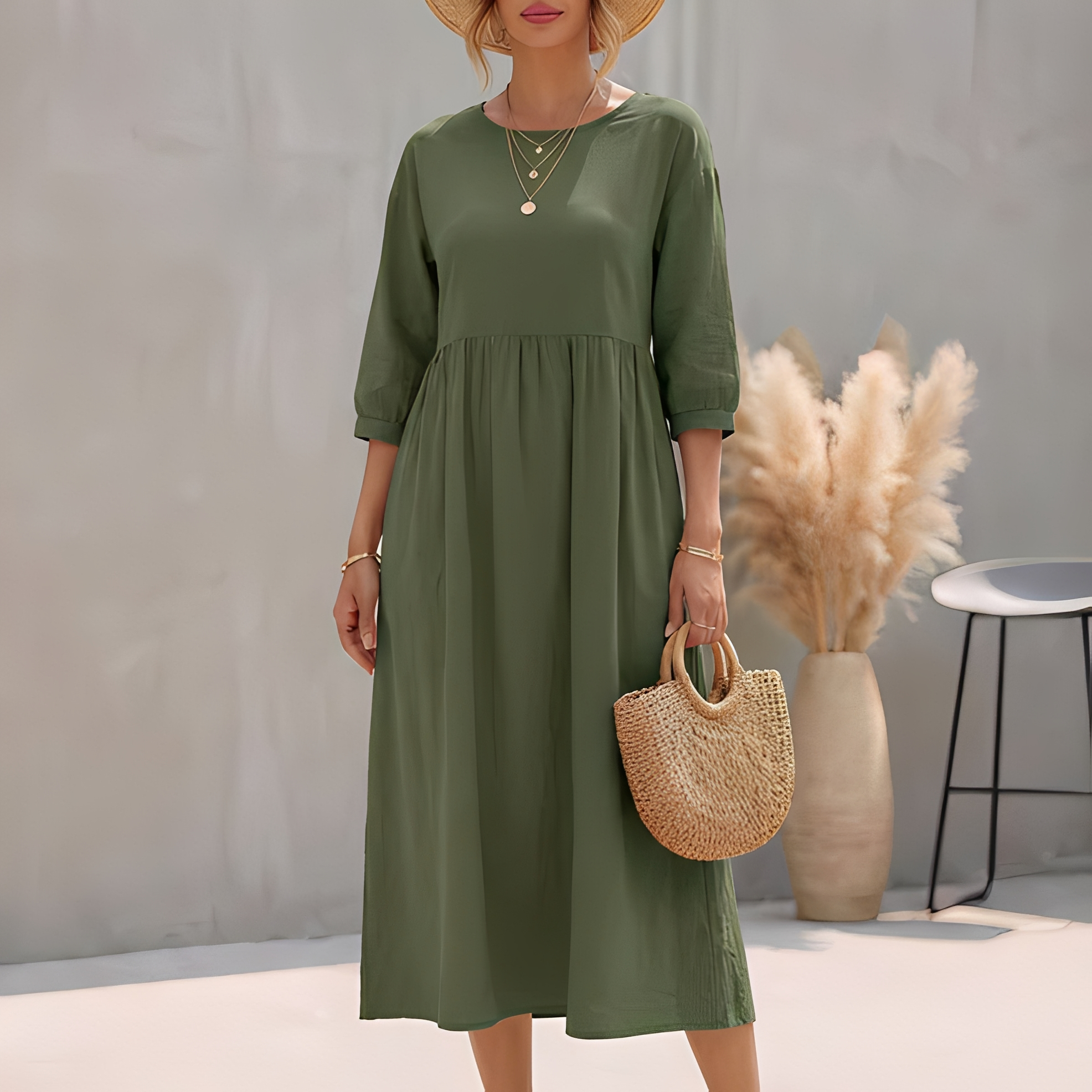 Somina Panelled Midi Dress with Long Sleeves and High Neck - Green