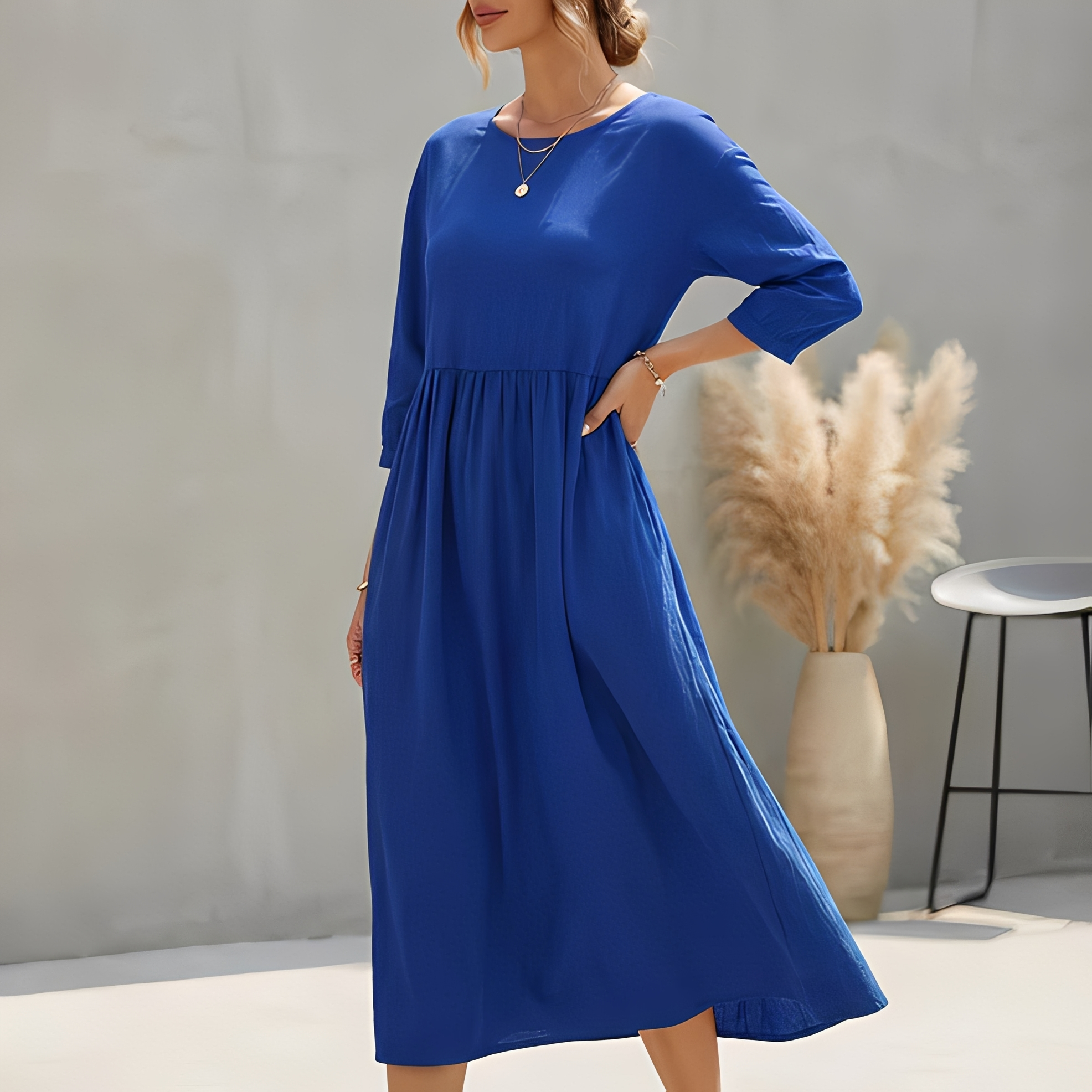Somina Panelled Midi Dress with Long Sleeves and High Neck - Blue