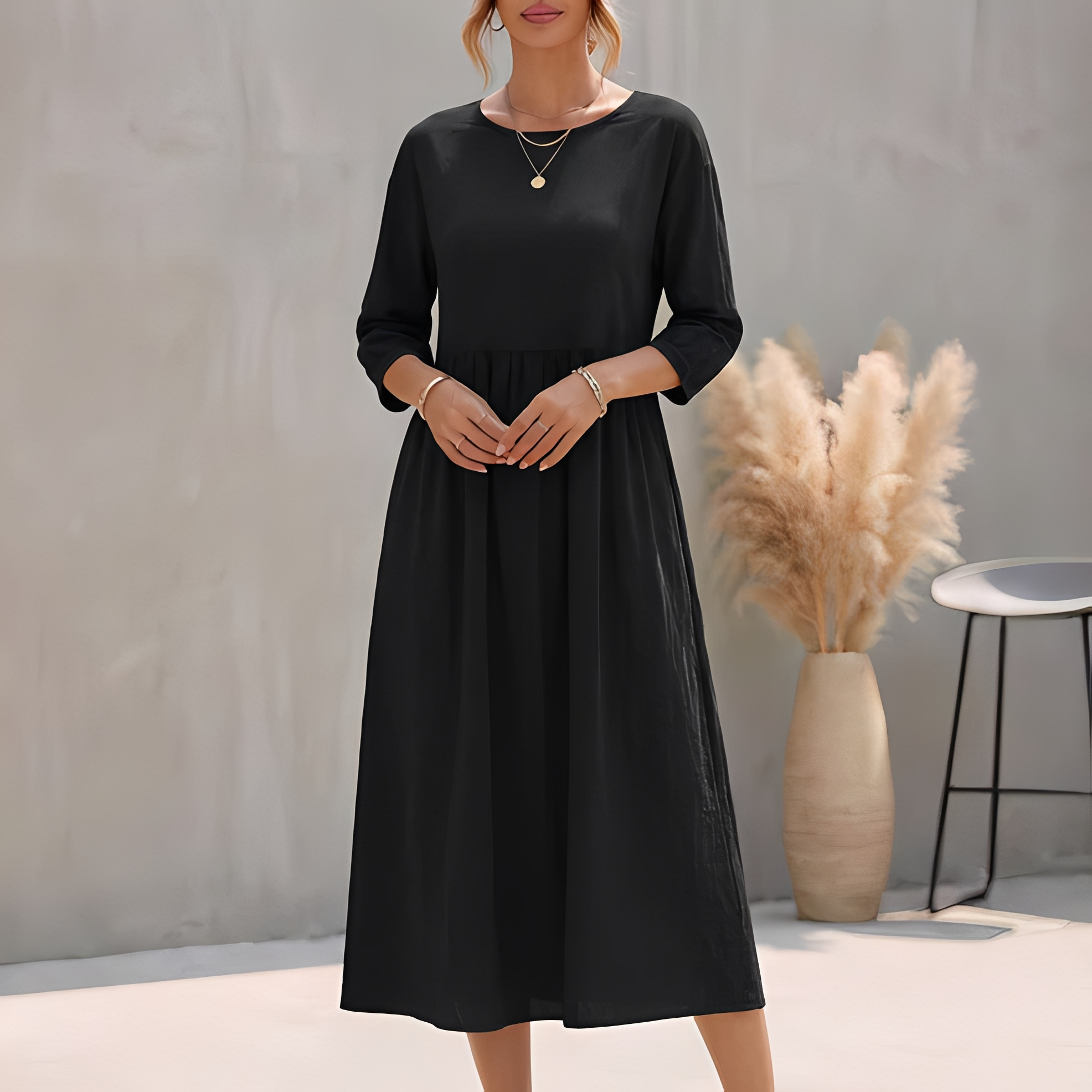 Somina Panelled Midi Dress with Long Sleeves and High Neck - Black
