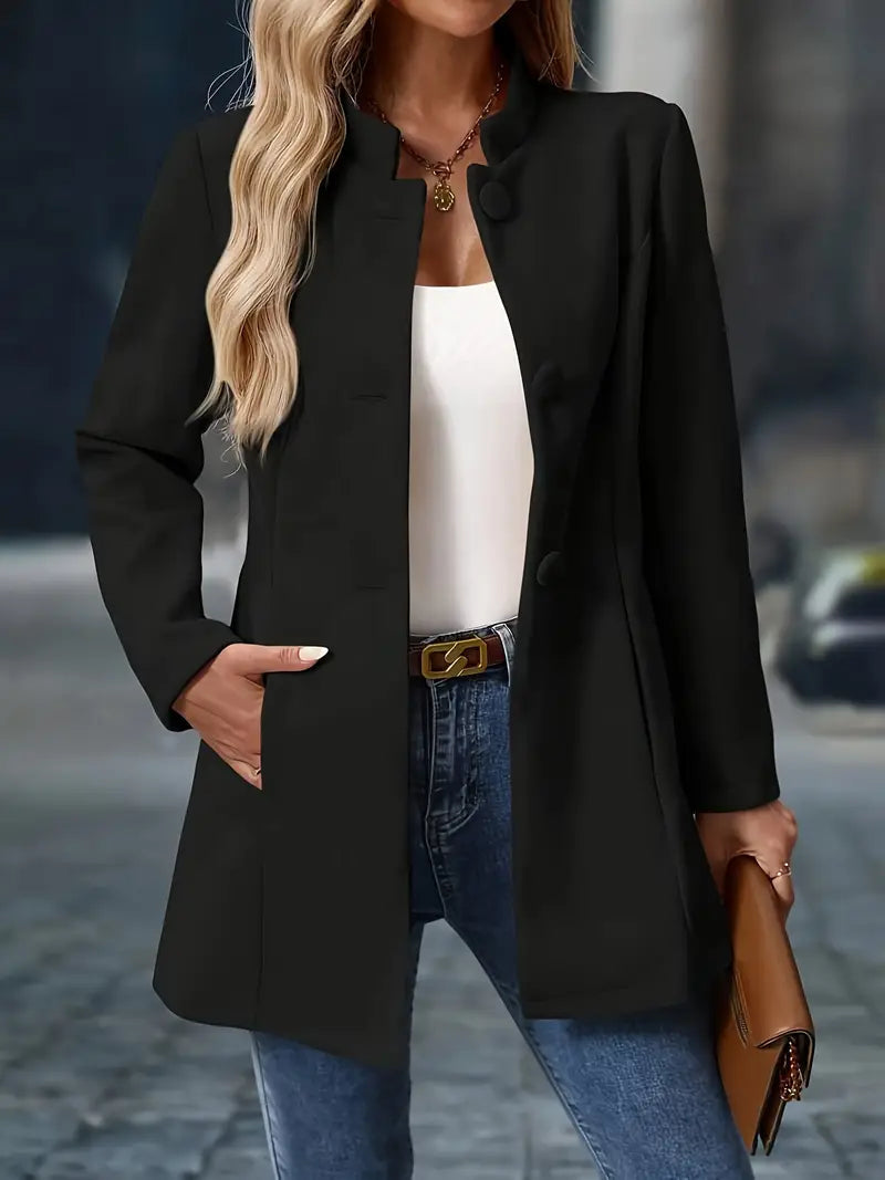 Sonia Collarless Longline Blazer with Open Front Panels - Black