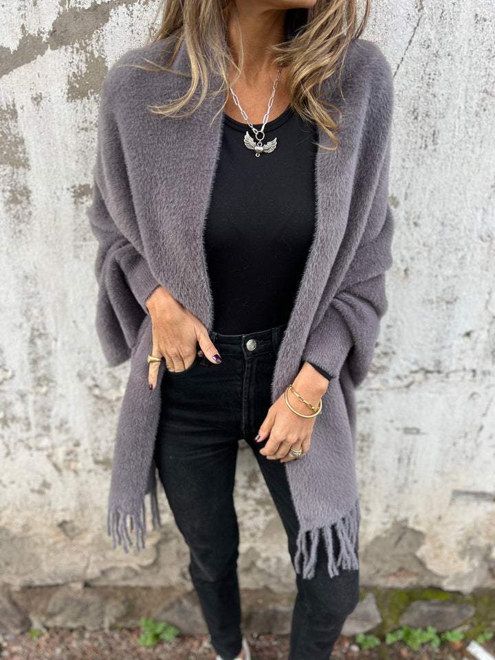 Swantje Long Cardigan with Fringed Hem and Zip - Gray