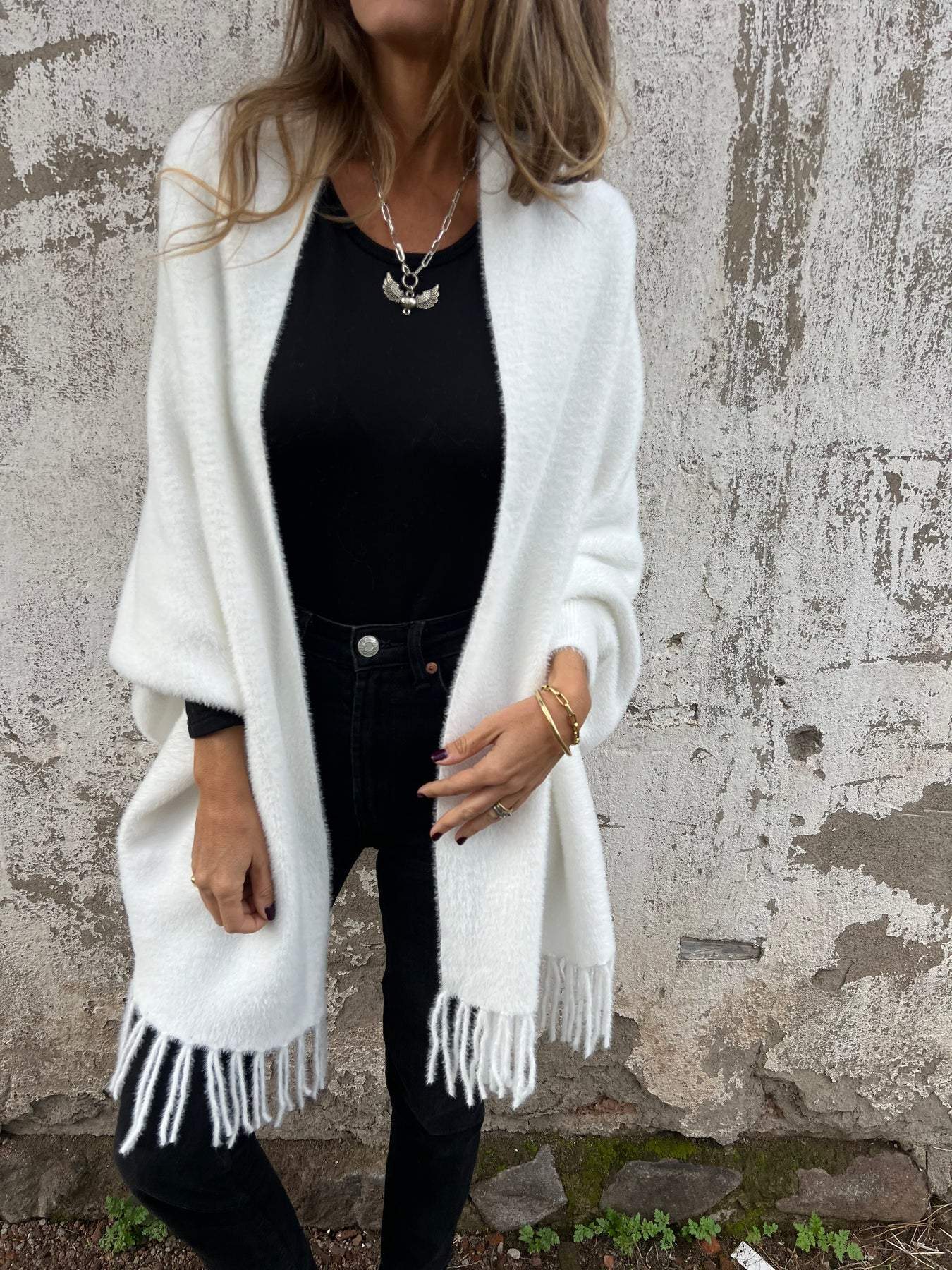 Swantje Long Cardigan with Fringed Hem and Zip - White