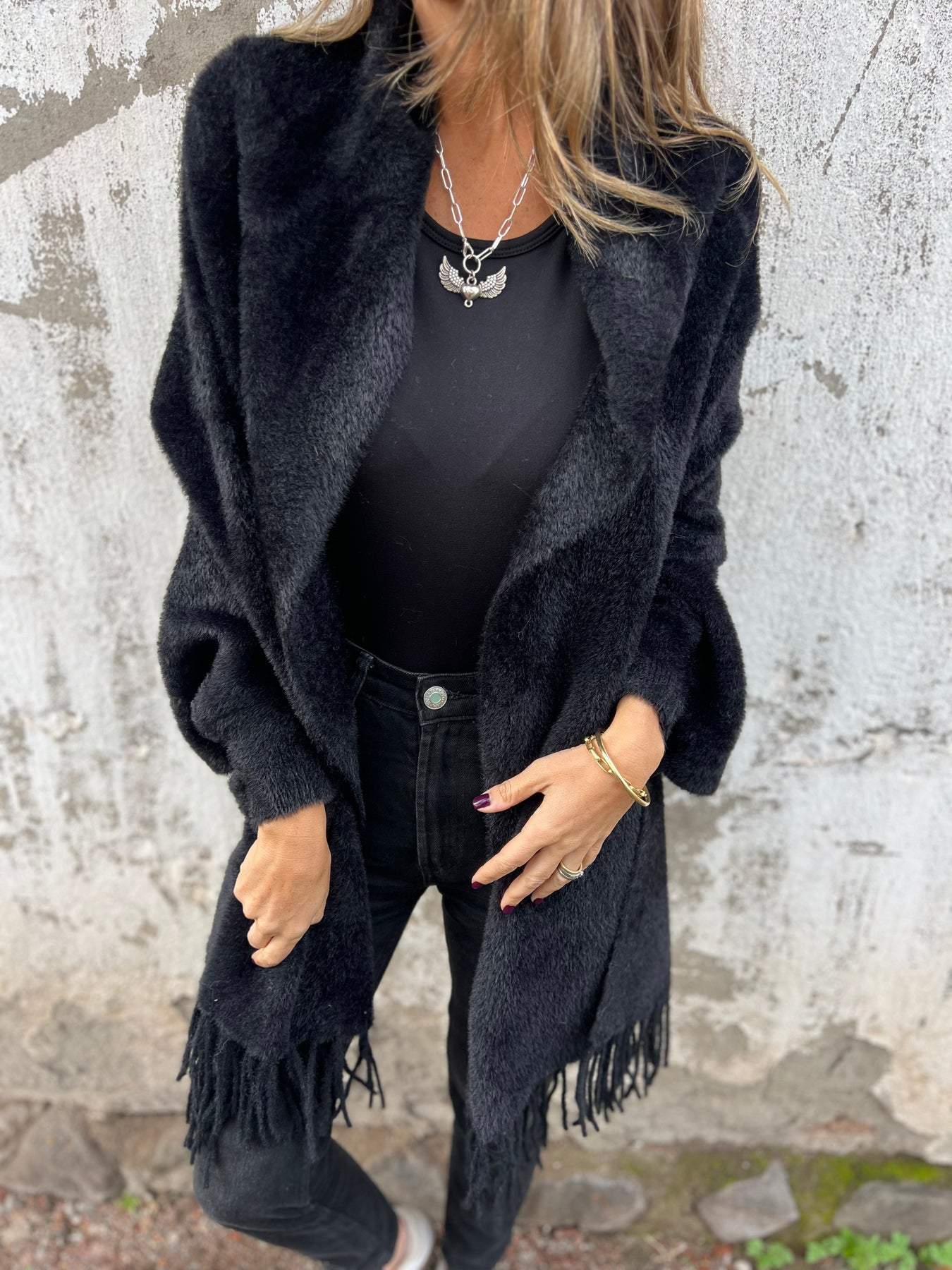 Swantje Long Cardigan with Fringed Hem and Zip - Black