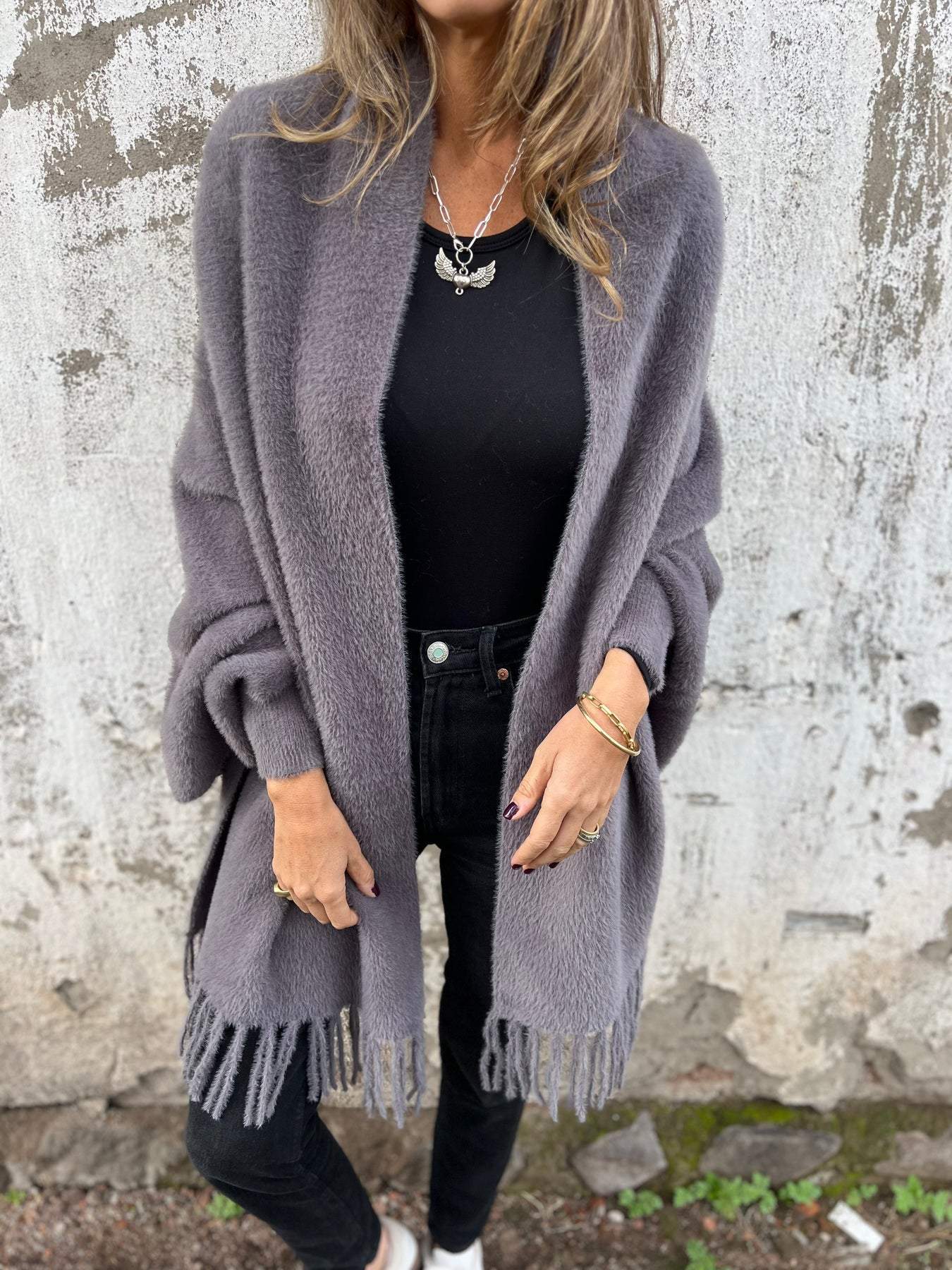 Swantje Long Cardigan with Fringed Hem and Zip - Gray