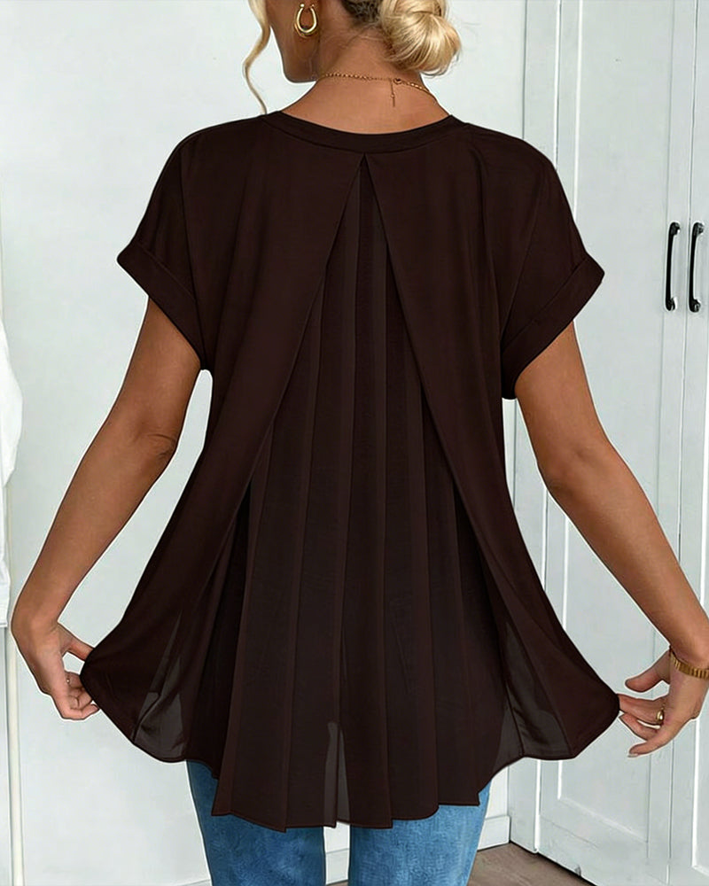 Thea Pleated Tunic Blouse with Loose Fit and Narrow Binding - Brown
