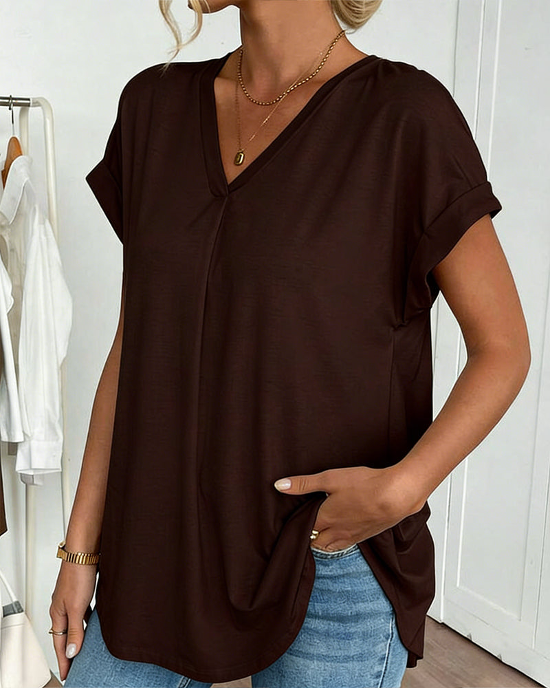 Thea Pleated Tunic Blouse with Loose Fit and Narrow Binding - Brown
