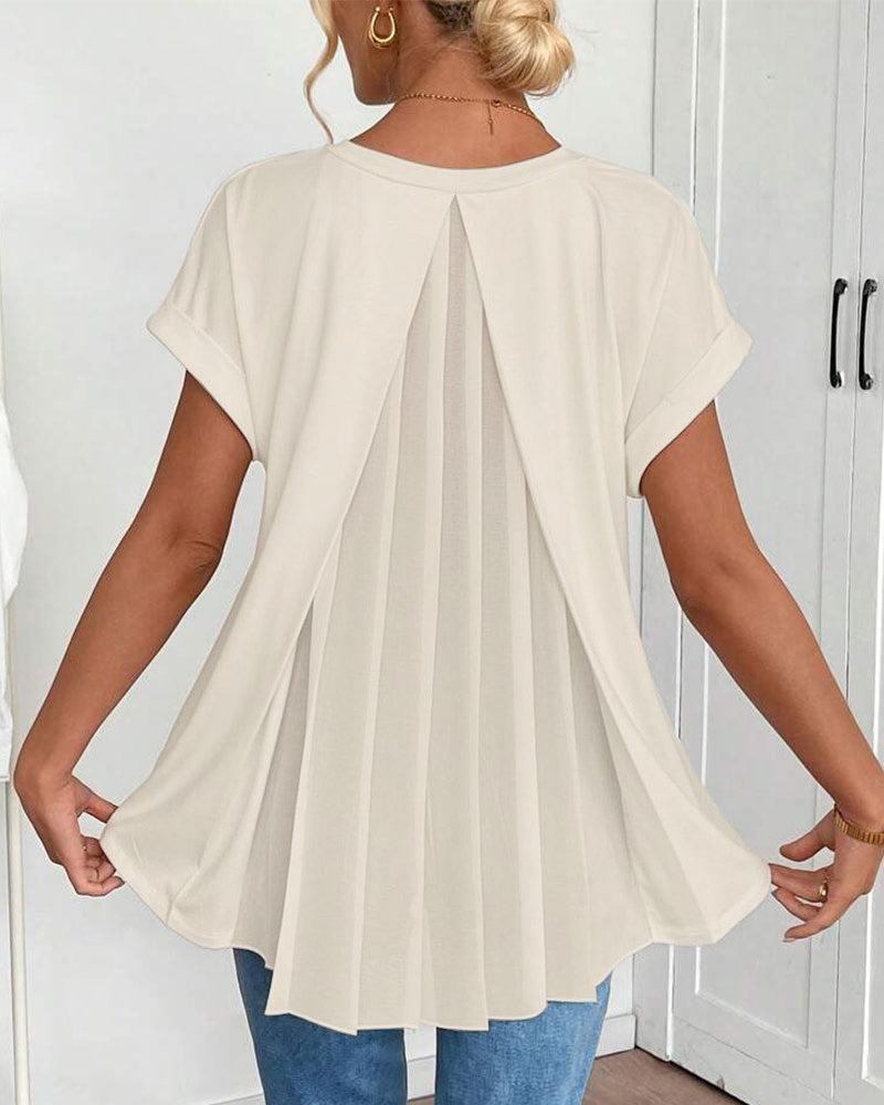 Thea Pleated Tunic Blouse with Loose Fit and Narrow Binding - Beige