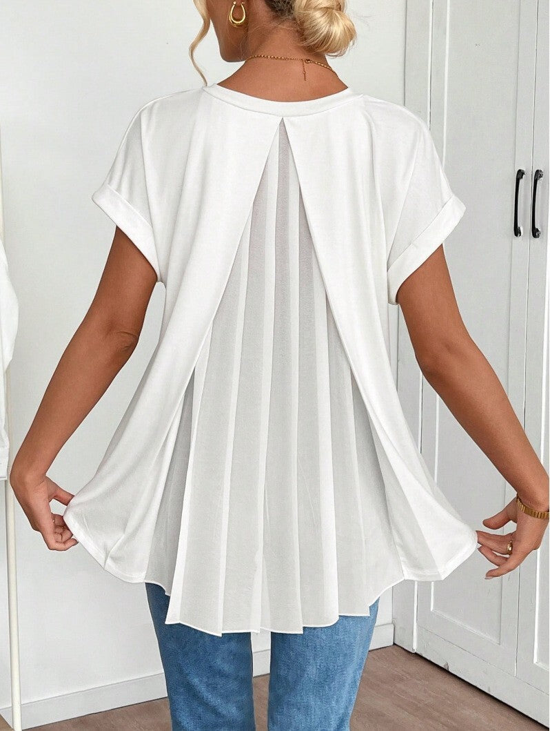 Thea Pleated Tunic Blouse with Loose Fit and Narrow Binding - White