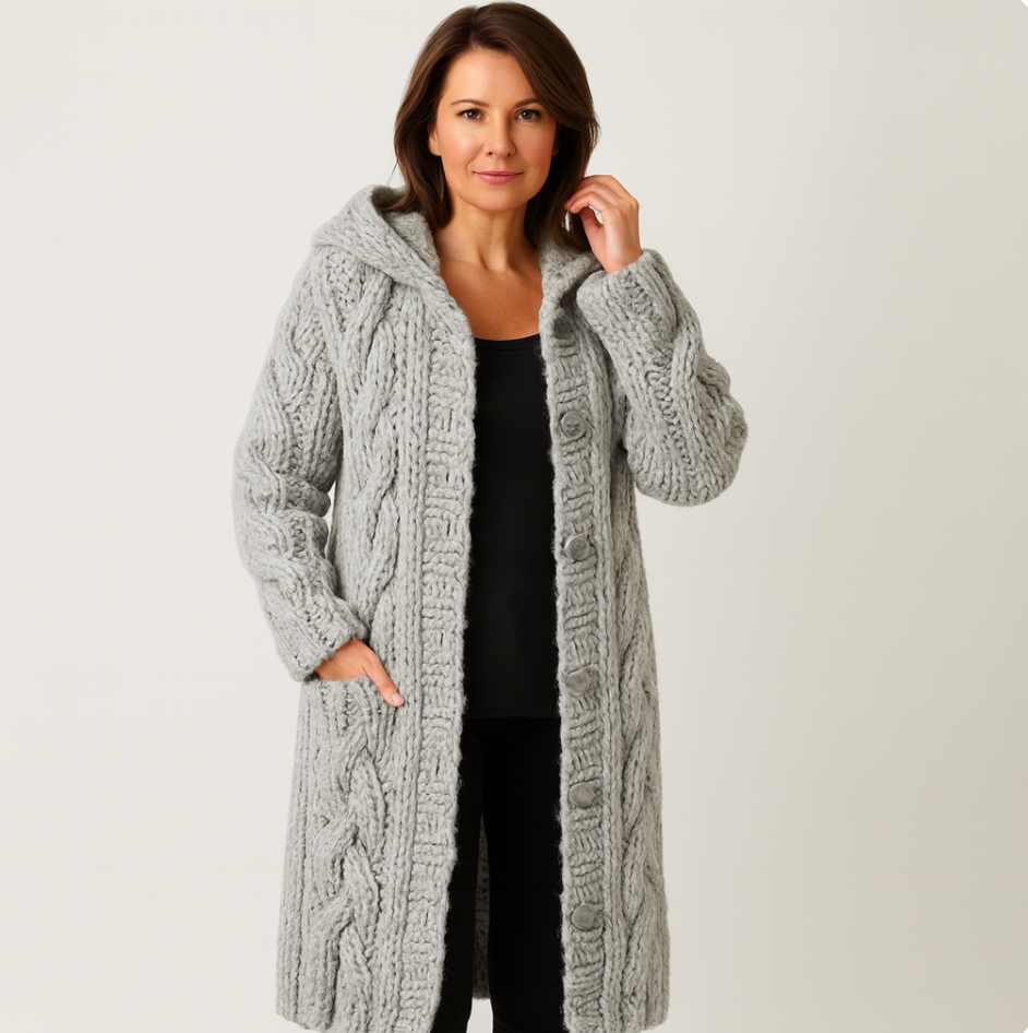 Thesia Chunky Knit Cardigan with Open Front and Ribbed Edge - Gray