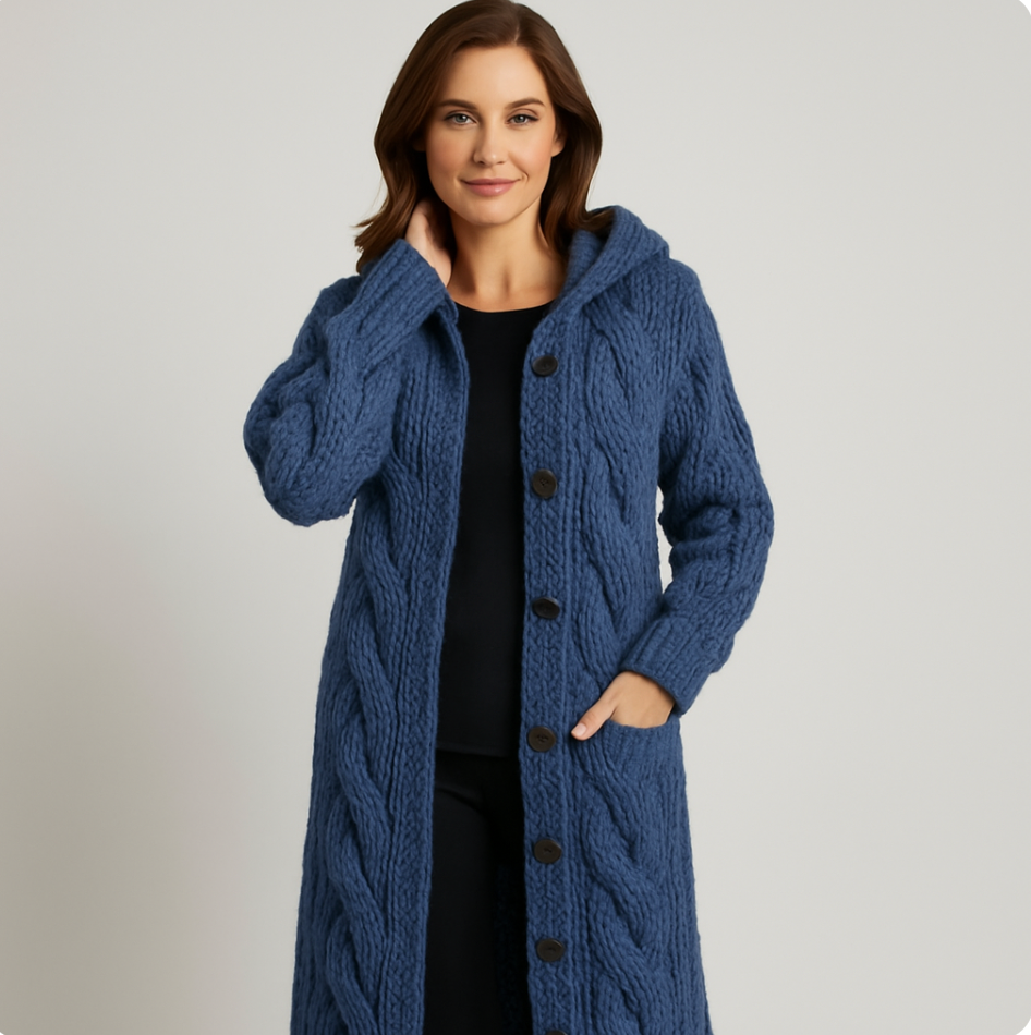 Thesia Chunky Knit Cardigan with Open Front and Ribbed Edge - Blue