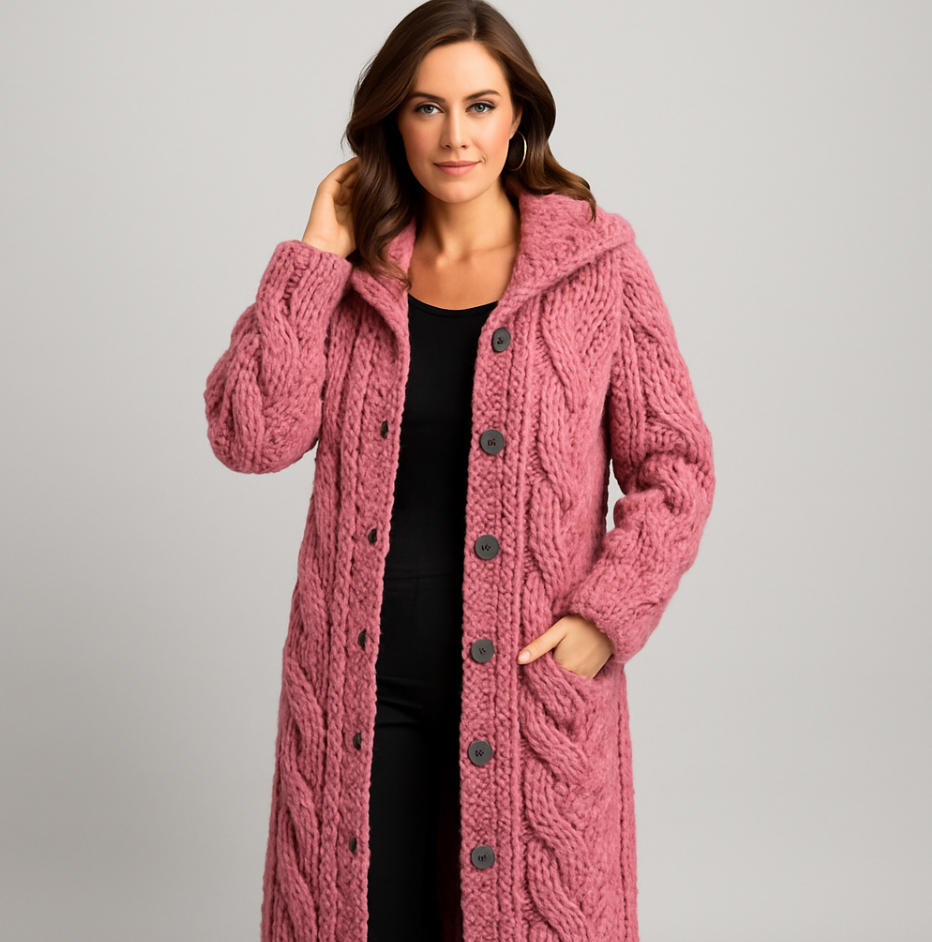 Thesia Chunky Knit Cardigan with Open Front and Ribbed Edge - Pink