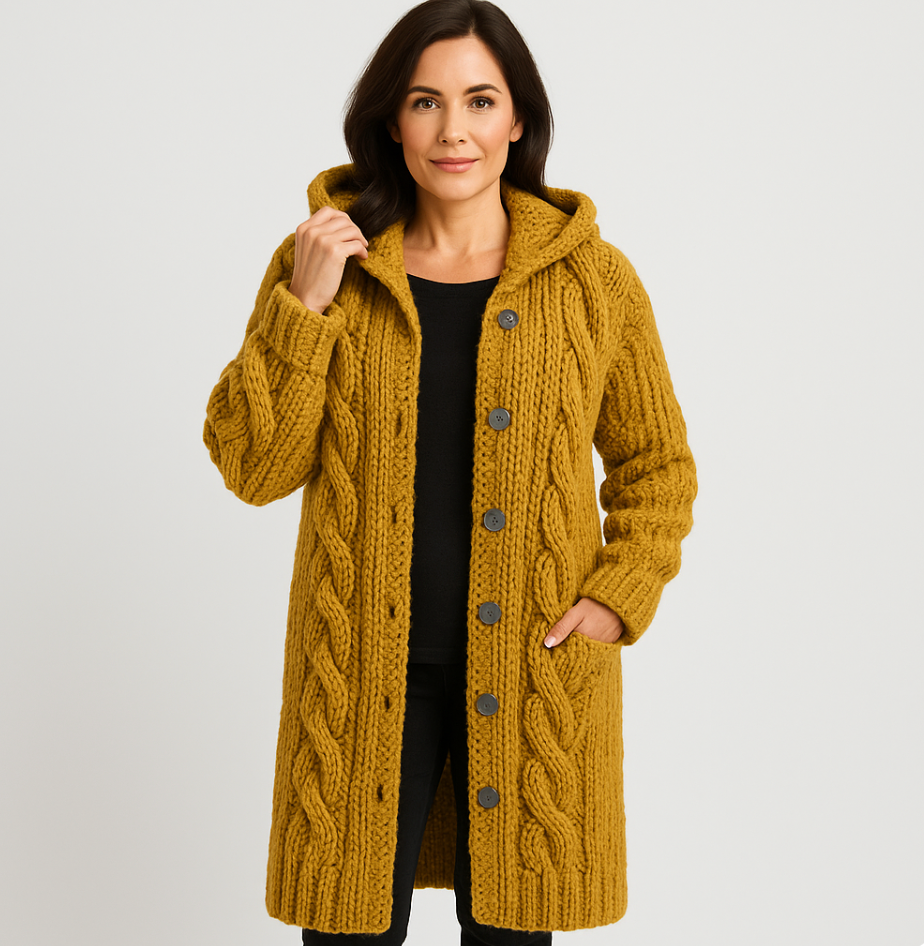 Thesia Chunky Knit Cardigan with Open Front and Ribbed Edge - Yellow