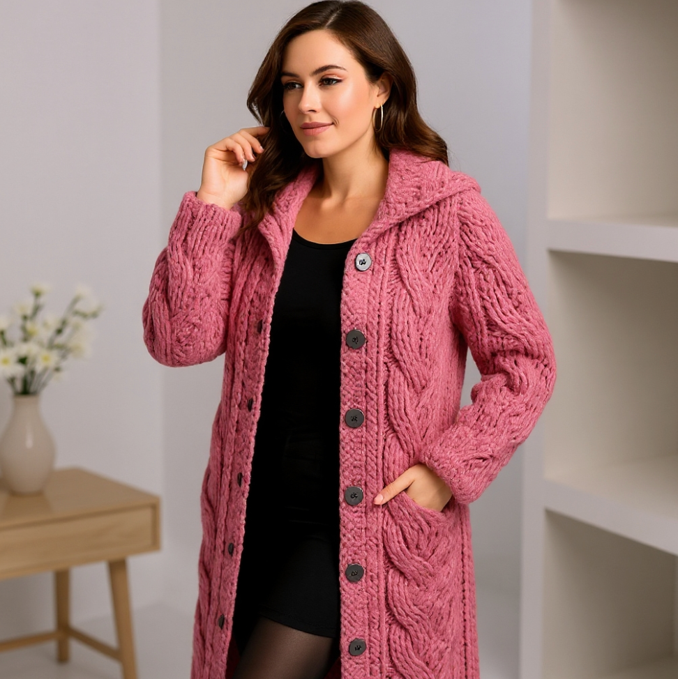 Thesia Chunky Knit Cardigan with Open Front and Ribbed Edge - Pink