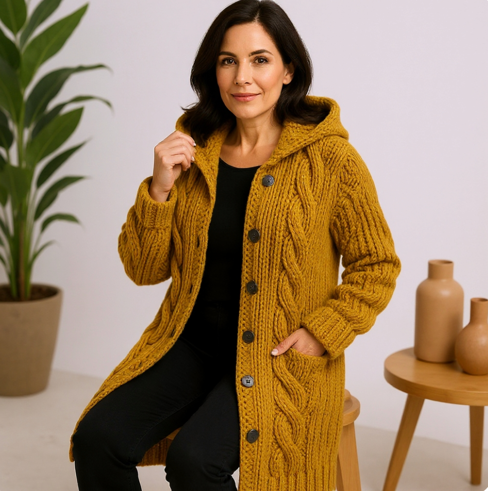 Thesia Chunky Knit Cardigan with Open Front and Ribbed Edge - Yellow