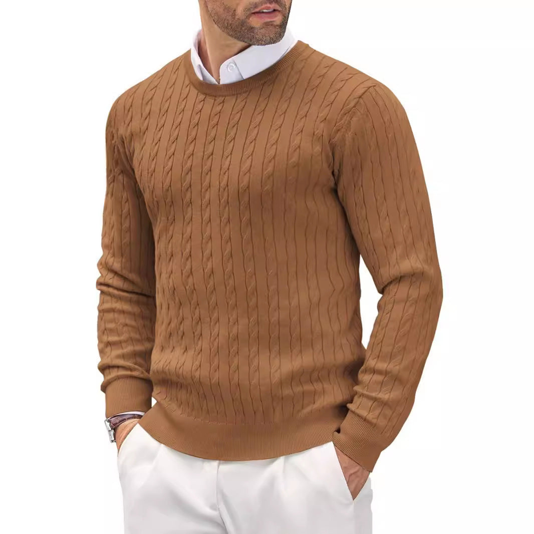 Traugott Men's Cable Knit Sweater with Crew Neck - Brown