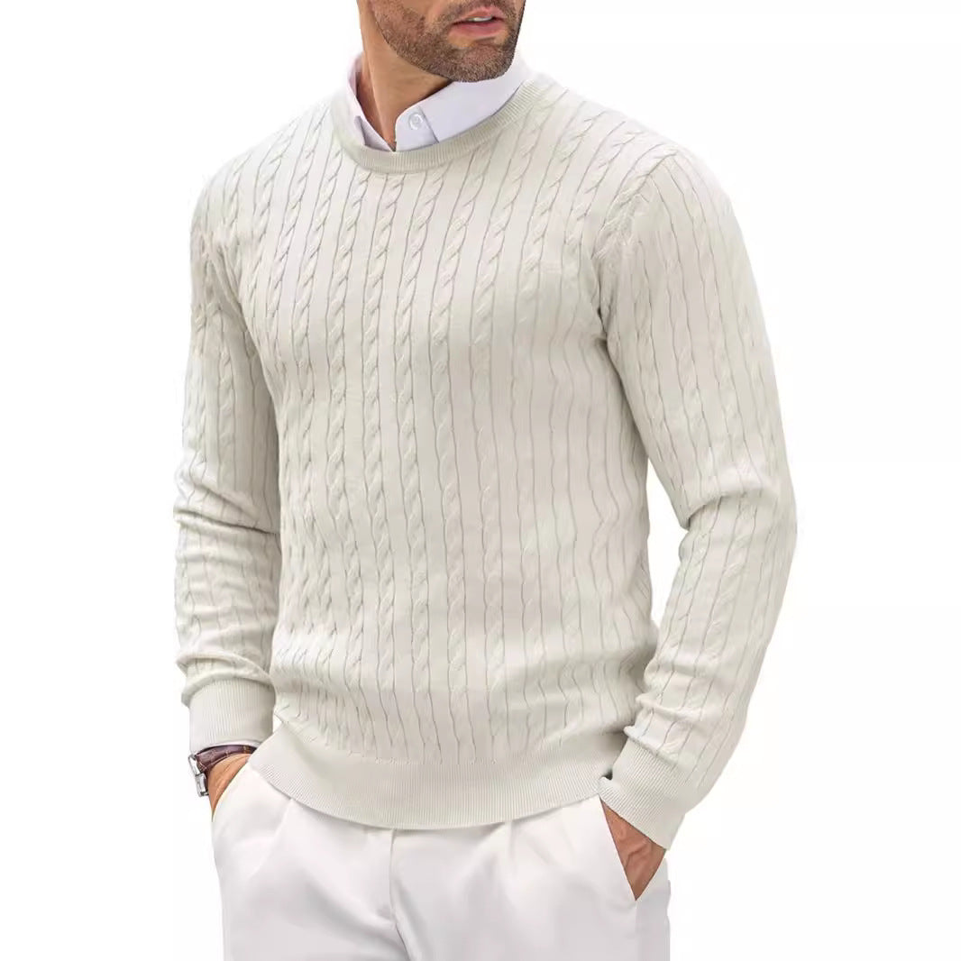 Traugott Men's Cable Knit Sweater with Crew Neck - Cream White