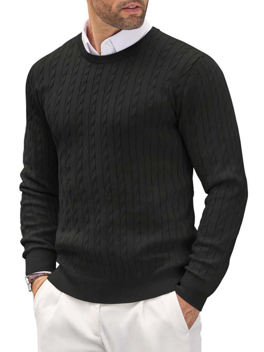 Traugott Men's Cable Knit Sweater with Crew Neck - Black