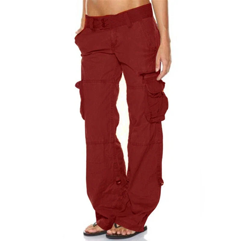 Tyla Street Cargo Trousers with Utility Pockets - Wine Red