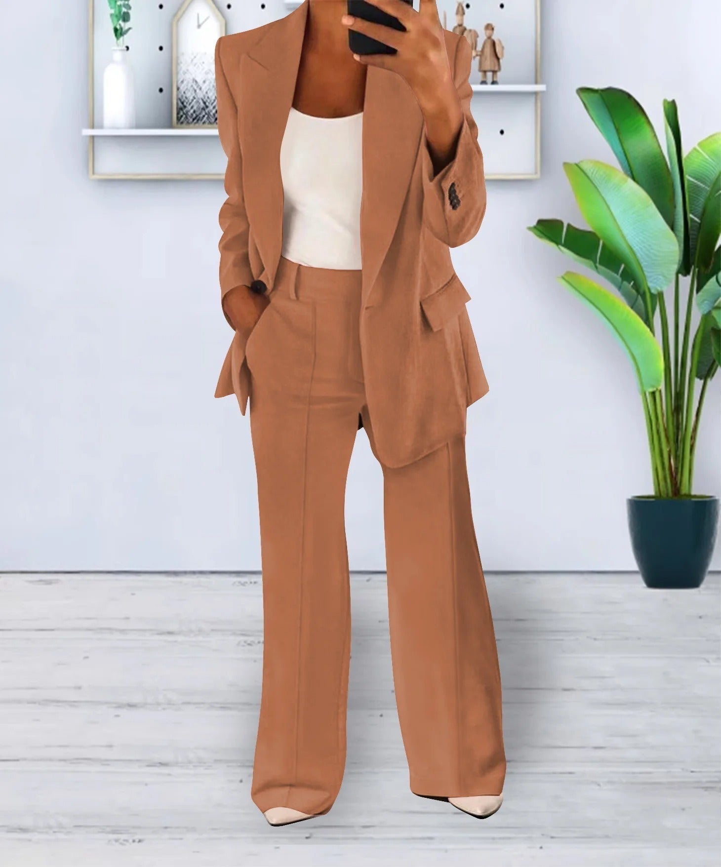 Valentina Two Piece Blazer and Pleat Trouser Set - Brown