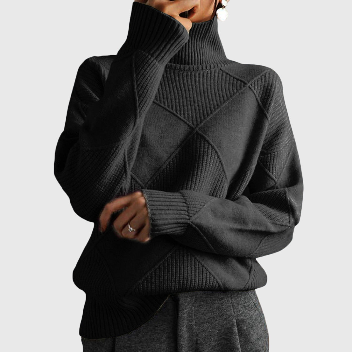Verona Geometric Turtleneck Sweater with Fold-Over Collar - Black