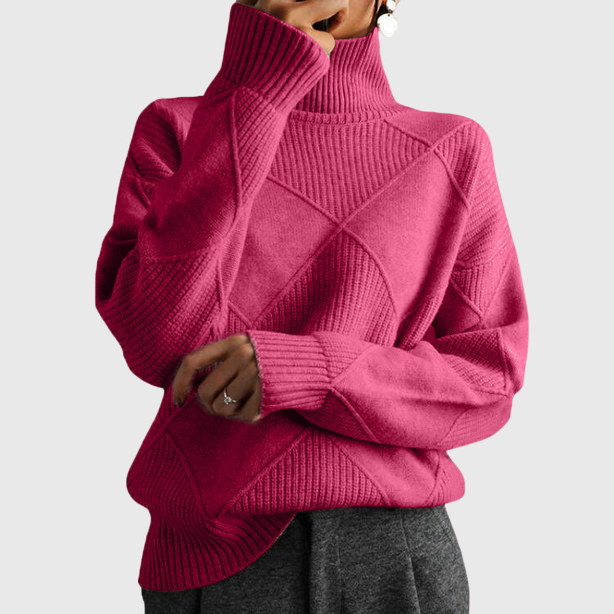 Verona Geometric Turtleneck Sweater with Fold-Over Collar - Rose