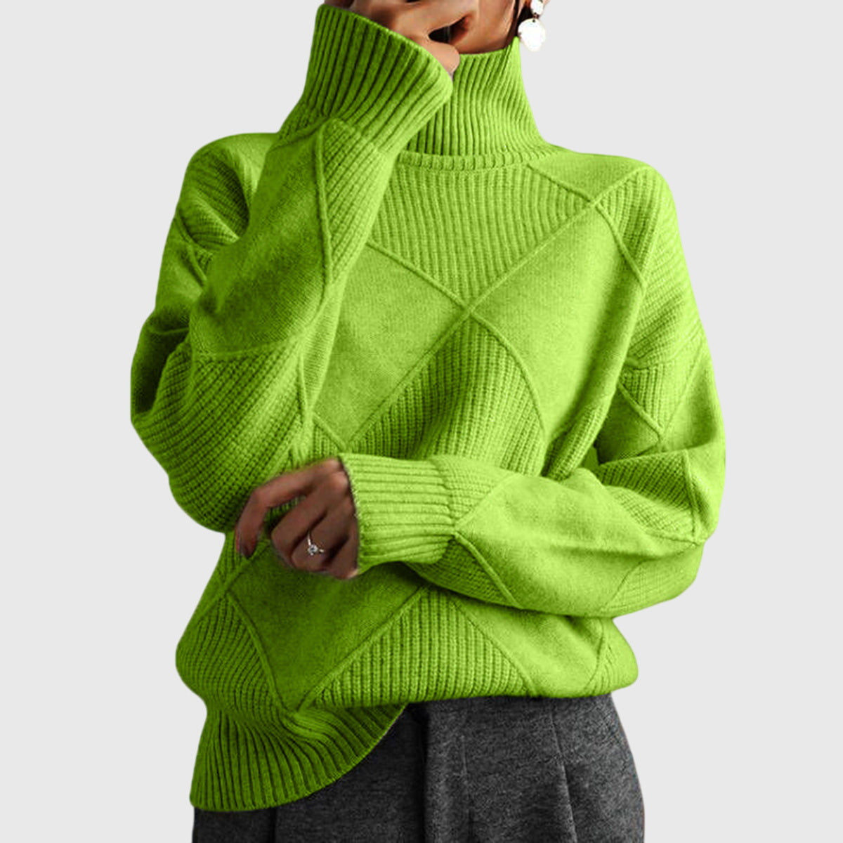 Verona Geometric Turtleneck Sweater with Fold-Over Collar - Green